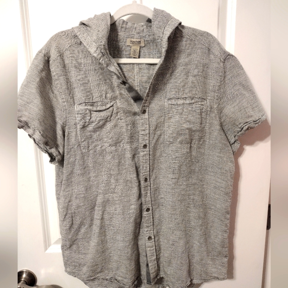 Linen and Cotton Striped Hooded Shirt